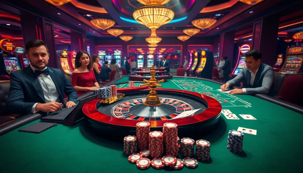 RAJABARONG roulette table with vibrant chips and glamorous gamblers in a luxurious casino scene.