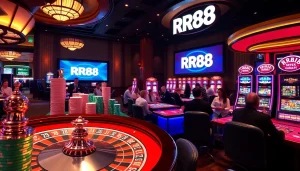 Experience the thrill of winning at RR88 with vibrant gambling visuals in an elegant casino setup.