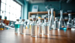Showcasing peptide research chemicals in high-quality glass vials on a laboratory table.