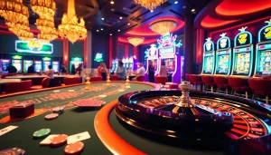 Experience the thrill of KJC at a luxurious casino with vibrant poker tables and colorful slot machines.