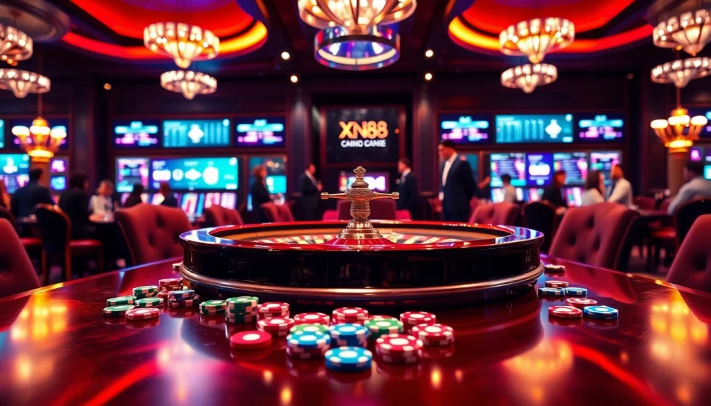 Experience thrilling casino excitement at XN88 with vibrant roulette tables and colorful chips.