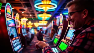 Petani toto beraksi di mesin slot dengan suasana kasino yang ramai dan penuh warna.
