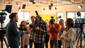 Engaged video production team collaborating at a studio, showcasing Video Production Company Calgary expertise.