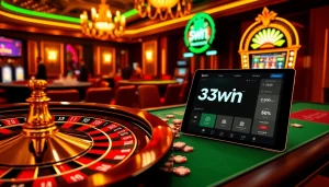 Experience the excitement of 33win with a luxurious casino scene featuring vibrant games and betting.