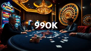 Exciting poker game at 99OK with players and glimmering chips on a golden table.