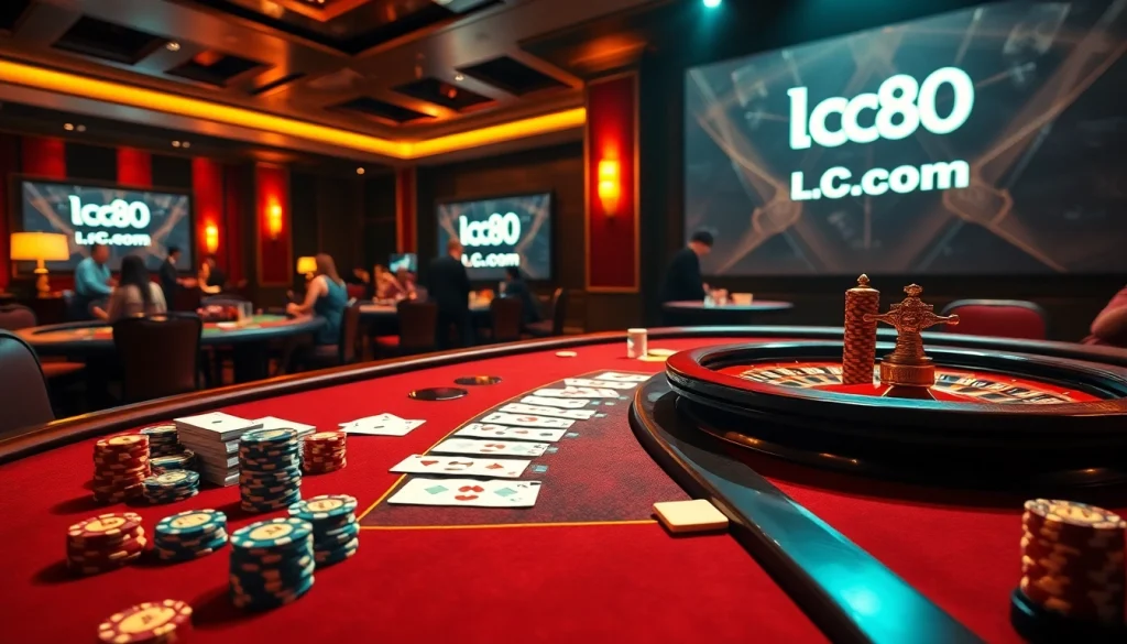 Experience the excitement of lc88.com with an immersive gambling scene featuring poker chips and roulette wheels.