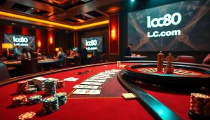 Experience the excitement of lc88.com with an immersive gambling scene featuring poker chips and roulette wheels.