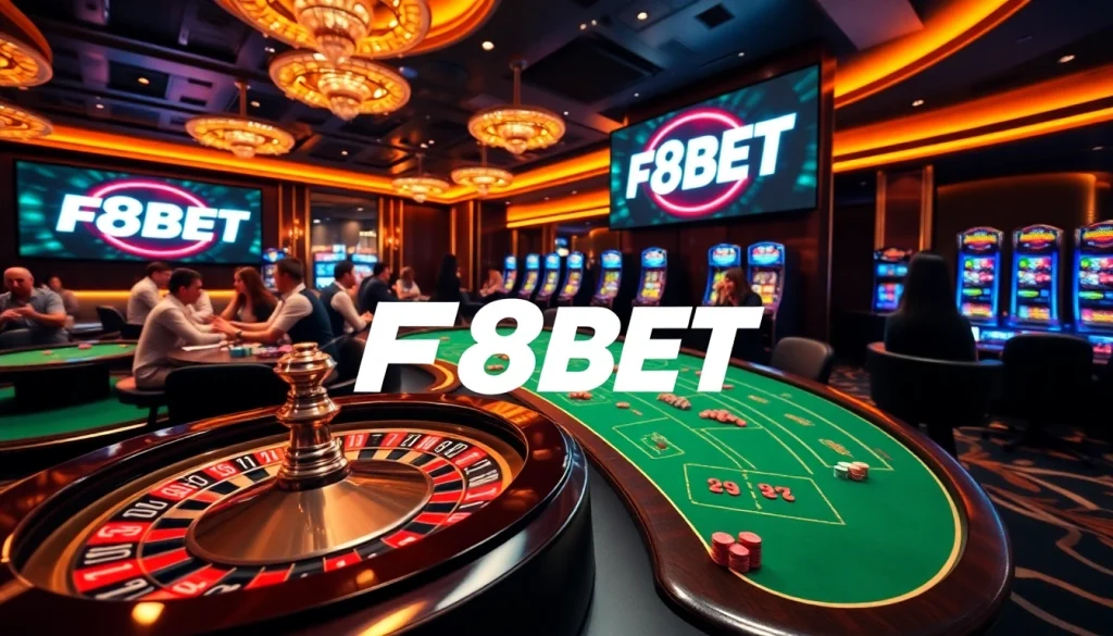 F8BET casino experience with vibrant tables, poker chips, and a roulette wheel.