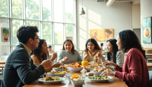 Students sharing a meal in a vibrant cafeteria, highlighting college food insecurity solutions.