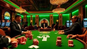 f168 poker players strategizing at a luxurious casino table with chips and cards.