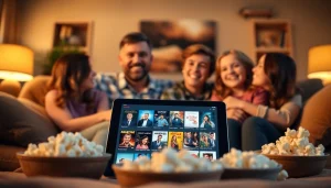 Navigating https://bandarlayarkaca21.com to enjoy family movie night with an array of films on a tablet.