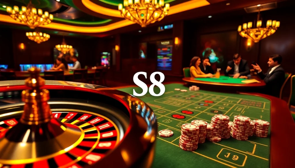 Experience the excitement of S8 at a dynamic casino with roulette and poker chips.