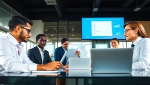 Online contact data verification in a modern office setting with professionals discussing verified data.