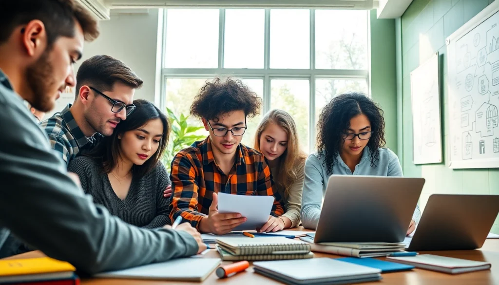 Students collaborating on original lucrari licenta in a modern workspace, focusing on academic success.