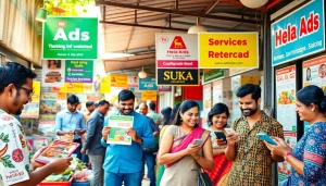 Hela Ad vibrant marketplace scene showcasing diverse individuals engaging with ads in a Sri Lankan bazaar.