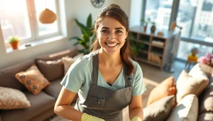 Maid agency staff tidying a home, showcasing professionalism and care in a bright setting.
