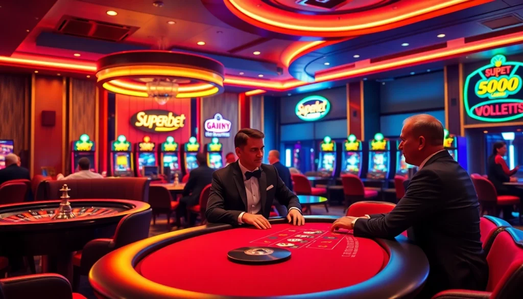 Superbet players enjoying a thrilling high-stakes poker game in a luxurious casino setting.
