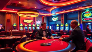 Superbet players enjoying a thrilling high-stakes poker game in a luxurious casino setting.