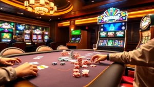 Experience exciting gaming with BK8, featuring vibrant poker chips, slot machines, and dice.