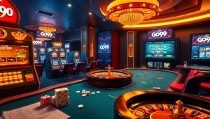 Experience the thrill of Go99 online gambling with vibrant casino scenes featuring engaging games and luxury.