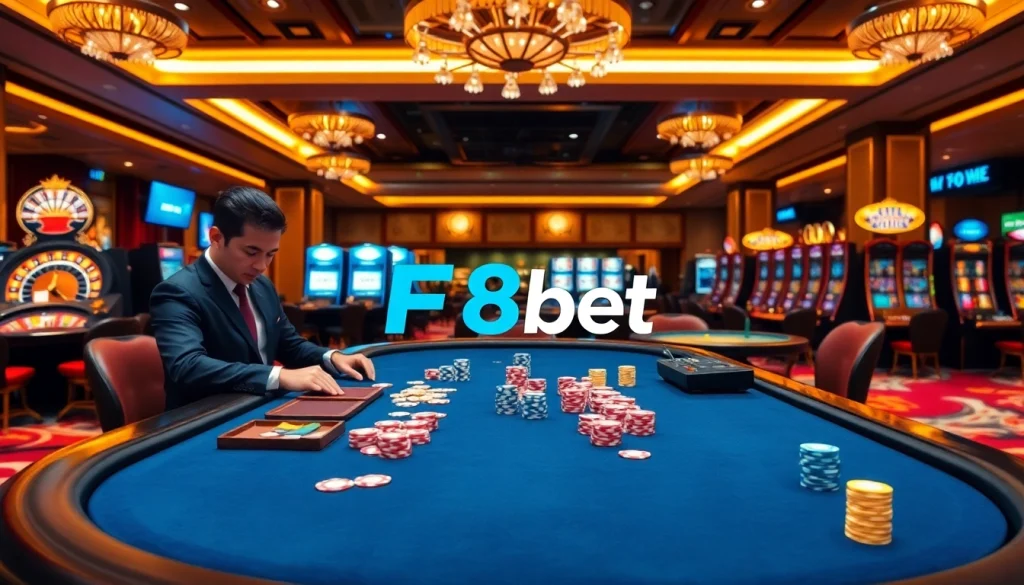 Experience thrilling gaming at F8bet's luxurious casino tables with vibrant poker chips.