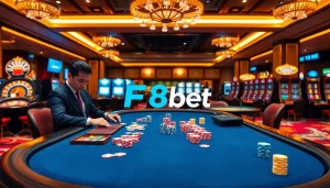 Experience thrilling gaming at F8bet's luxurious casino tables with vibrant poker chips.