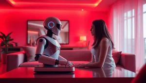 AI-powered device fostering intimacy between human and robot in a modern living room.