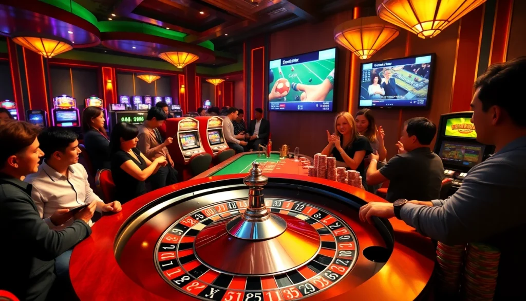 Exciting casino scene showcasing 188 bet with roulette, poker chips, and vibrant slot machines.
