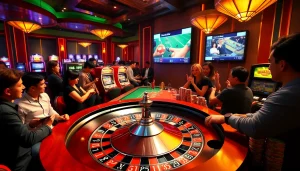 Exciting casino scene showcasing 188 bet with roulette, poker chips, and vibrant slot machines.