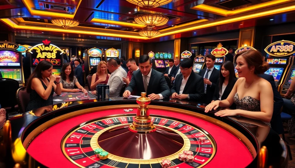 AF88 casino scene with vibrant roulette table and enthusiastic gamblers enjoying high-stakes fun.