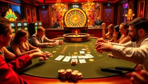 Experience high-stakes excitement with 777g at a luxury poker table full of vibrant casino elements.