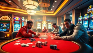 Players enjoy an electrifying poker match at https://3king.cn.com/, surrounded by vibrant slot machines and casino ambiance.