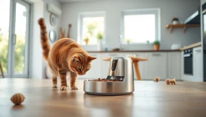 Curious cat exploring an automatic cat feeder in a modern kitchen setting.