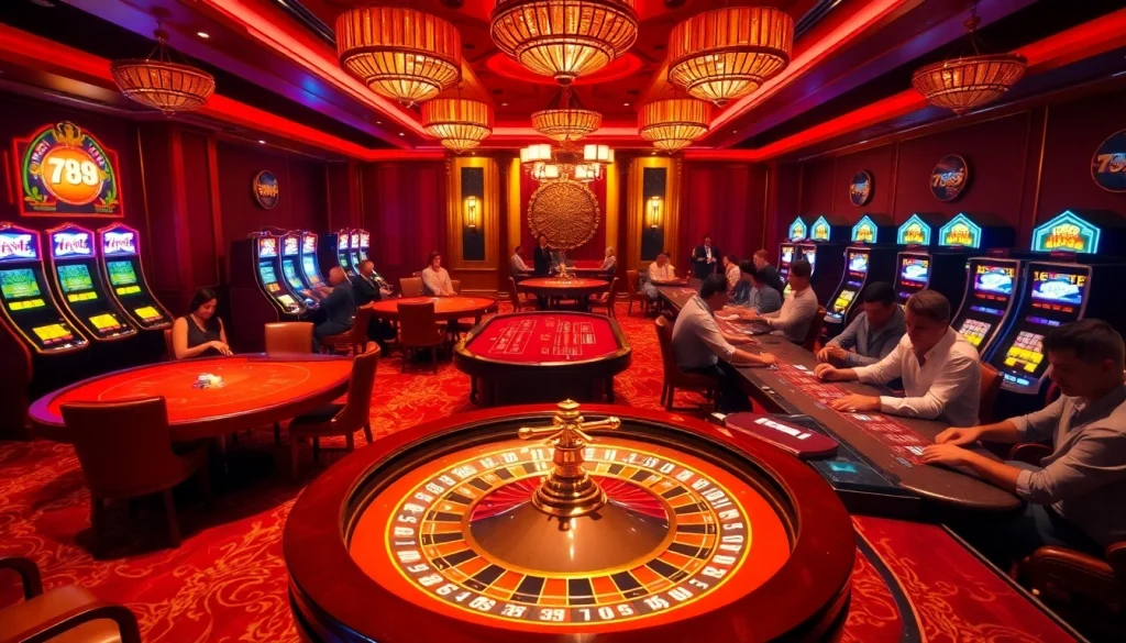 Exciting gaming atmosphere at 789 club with players enjoying poker and vibrant roulette wheel.