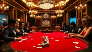 Experience high-stakes poker excitement at giaimanhacai.news with elegant players and vibrant casino ambiance.