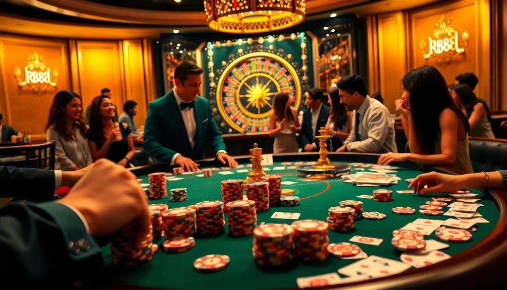 Experience the excitement of gambling at https://urr88.com/ with a luxurious casino scene filled with poker chips and cards.