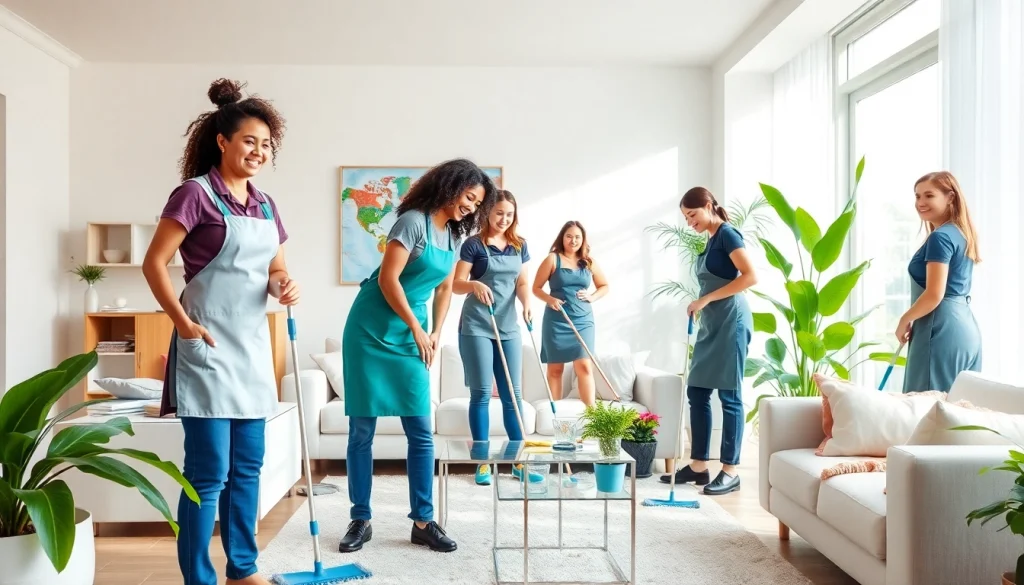 Maid agency team cleaning a bright living room, showcasing professionalism and teamwork.