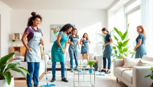 Maid agency team cleaning a bright living room, showcasing professionalism and teamwork.