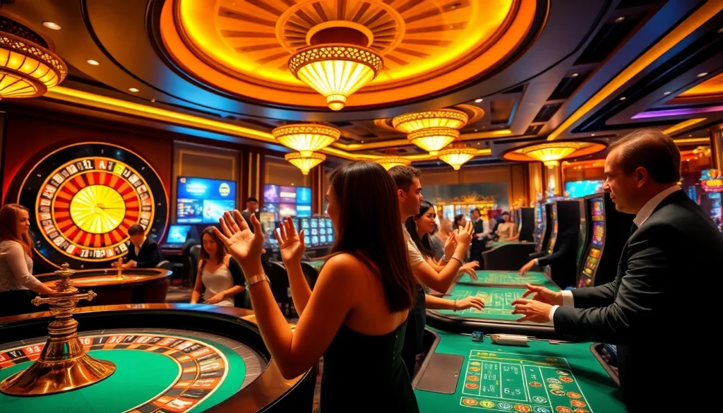 Players enjoying high-stakes games at 98win casino, featuring roulette and poker tables.