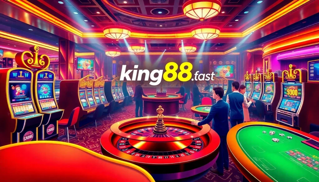 Exciting online gambling scene at king88.fast with players enjoying vibrant slot machines and poker tables.