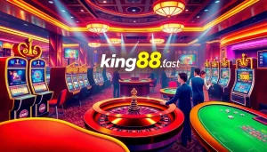 Exciting online gambling scene at king88.fast with players enjoying vibrant slot machines and poker tables.