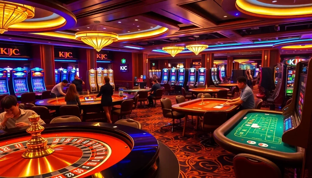 KJC-branded poker chips on a vibrant casino table amidst an exciting gameplay atmosphere.