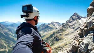 Action camera capturing a climber's adventure against a vibrant mountain backdrop.