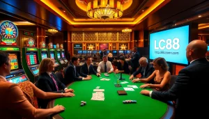 Experience thrills at https://lc88comm.com/ with gamblers enjoying poker and slot machines in a luxury casino.