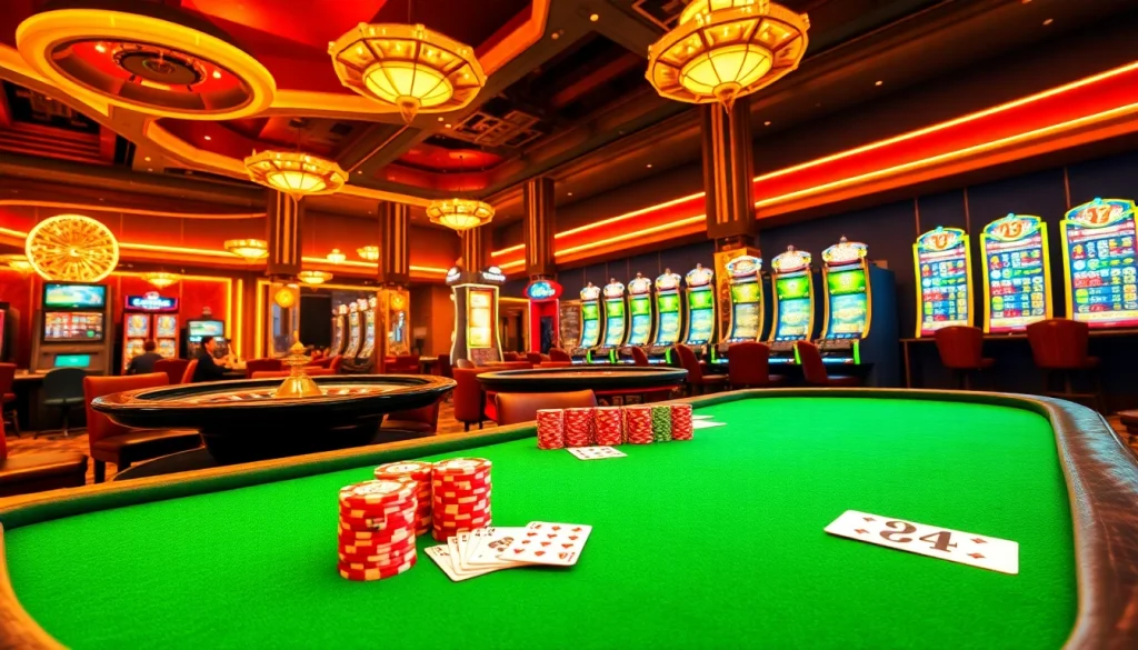 Experience the thrill of 23win with vibrant gambling visuals featuring poker games and slot machines.