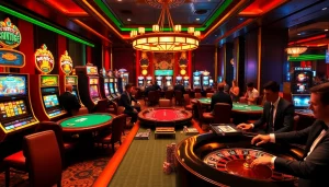 SODO66 players enjoying a vibrant casino scene with poker, slot machines, and roulette.
