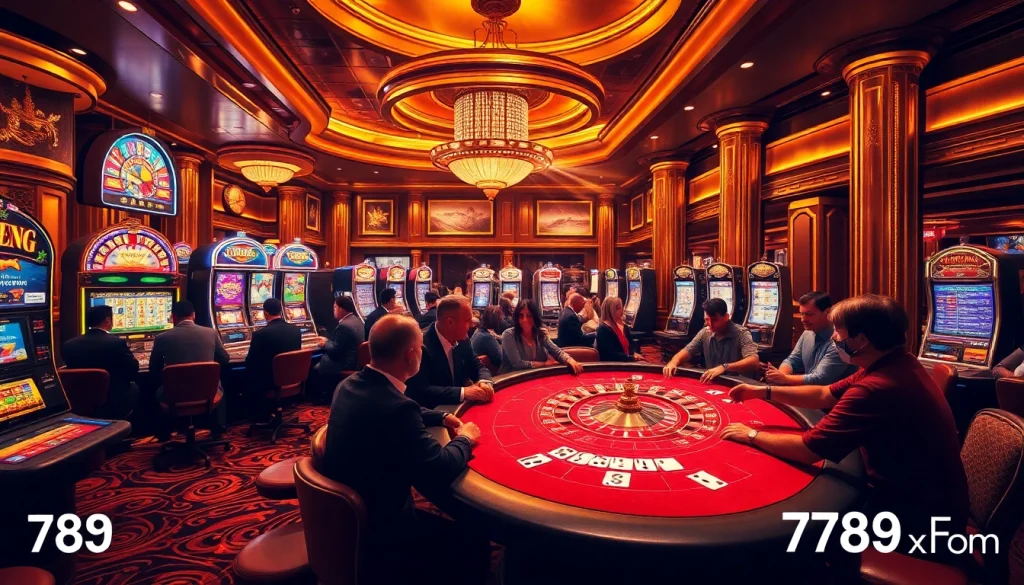 Engaging gamblers at the luxurious 789F COM casino with vibrant gaming tables and slot machines.