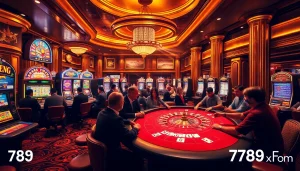 Engaging gamblers at the luxurious 789F COM casino with vibrant gaming tables and slot machines.