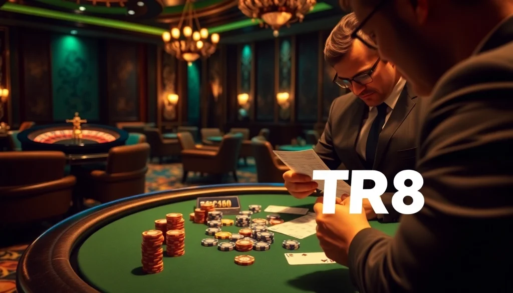 Engaging poker action with TR88 chips and high-stakes excitement in a luxurious casino setting.
