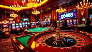 Players enjoying high-stakes gambling at a luxurious casino table highlighting g88 betting options.